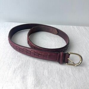Van Heusen Mens Belt 36 Burgundy Brown Basketweave woven Leather Gold